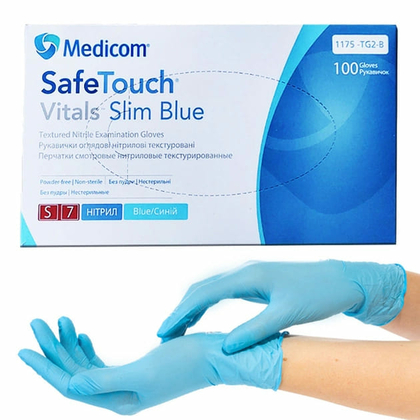 Рукавички нітрилові Medicom Slim Blue Vitals S (блакитні) щільність 3,0 г