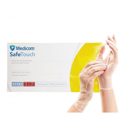 Рукавички вініл Medicom неопудрені прозорі, розмір S, 100 шт., Розмір: S
